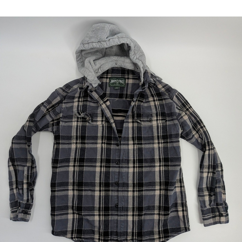 American Eagle Mens Plaid Flannel Shirt Grey Black Detachable Hood Small